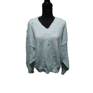 Consgt V-Neck Sweater LG Mint Blue Fuzzy Knit Pearl Embellished Dolman Pullover